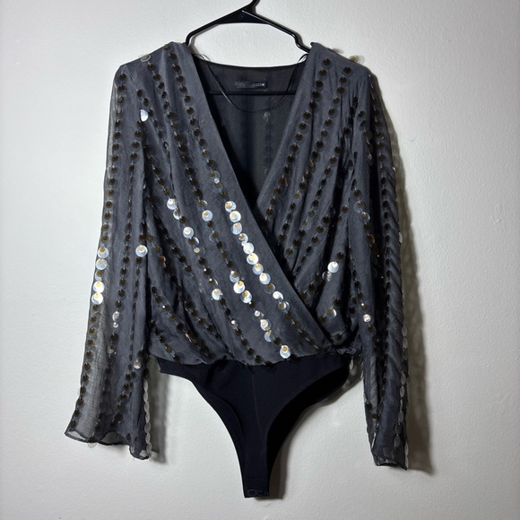 Zara Tops - ZARA Sequin Polka Dot Semi-Transparent Stretch Bodysuit Black Silver Women's M